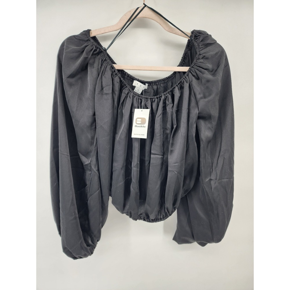 Hyfve Womens Black Satin Balloon Sleeve Cropped Blouse Off Shoulder HF23G502 M